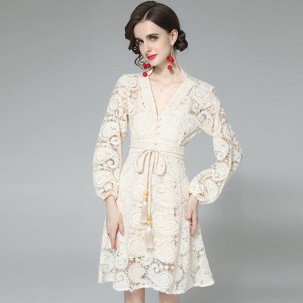 Long sleeve solid lace a-line dresses