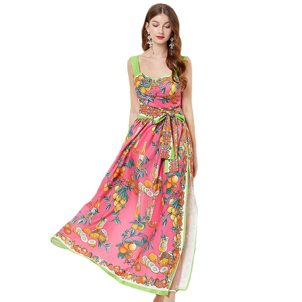 Spring print high waist split belted maxi dresses