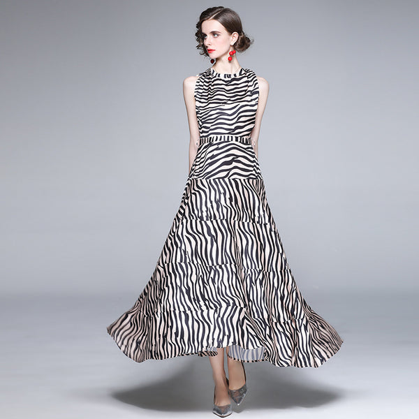 Boho sleeveless zebra print big hem maxi dresses