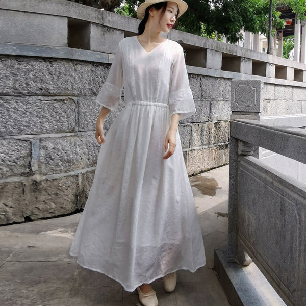 Solid linen three-quarter sleeve maxi dresses