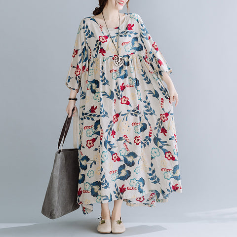 Summer floral print long sleeve maxi dresses