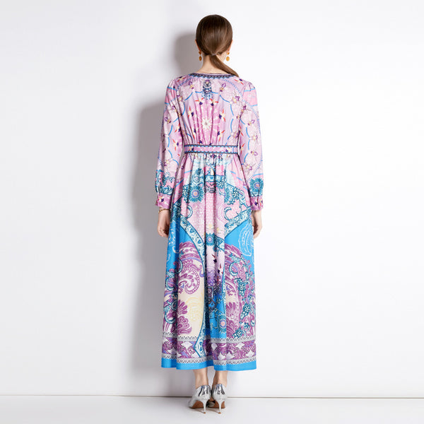 Boho print v-neck long sleeve maxi dresses