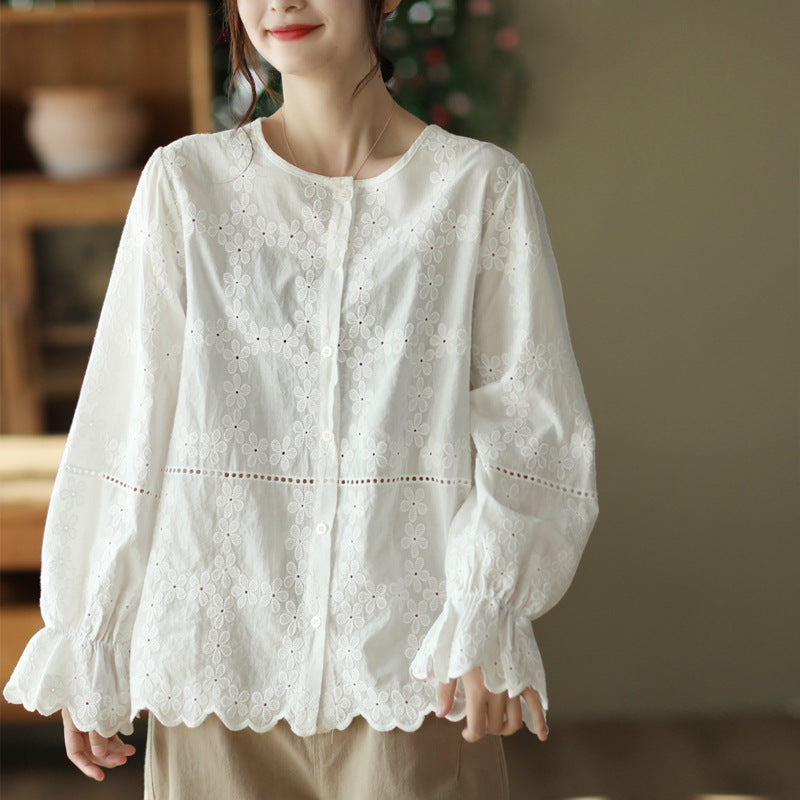 Vintage solid hollow out lantern sleeve blouses