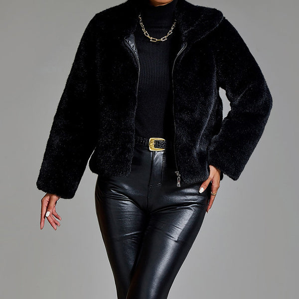 Elegant turn  down collar long sleeve faux fur coats