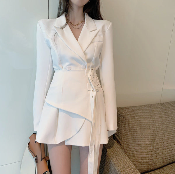 Stylish solid long sleeve belted blazer dresses