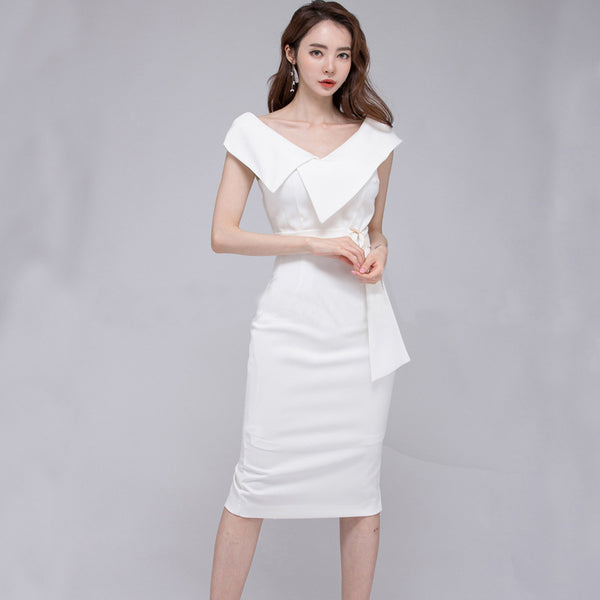 Lapel sleeveless pure color belted pencil dresses