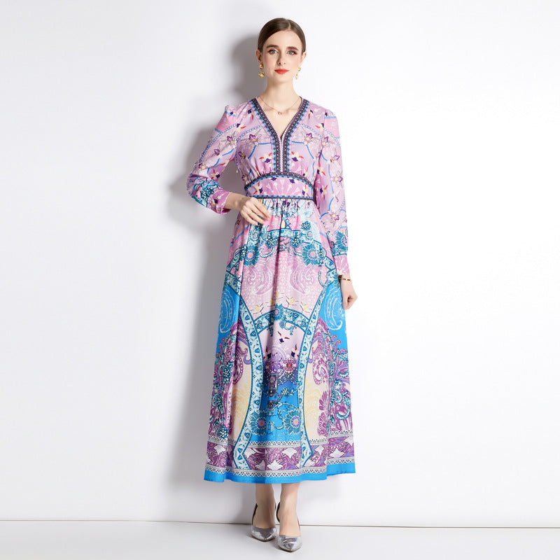 Boho print v-neck long sleeve maxi dresses