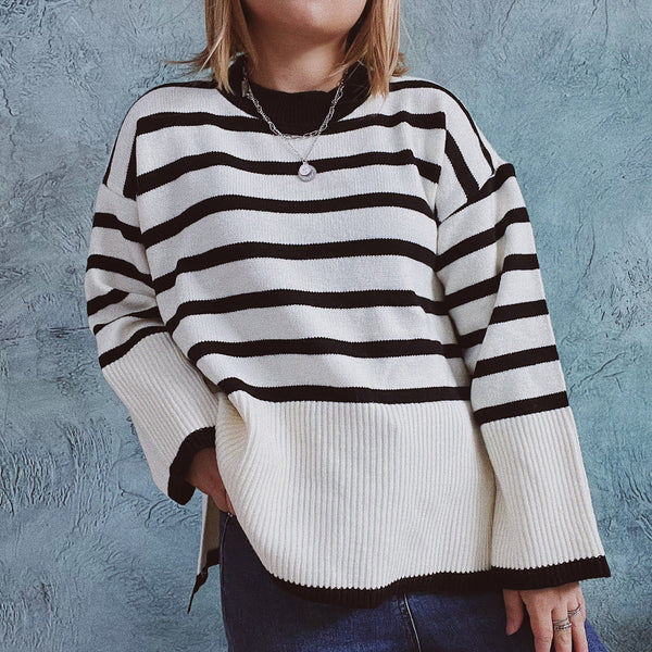 Casual stripe raglan long sleeve loose sweaters