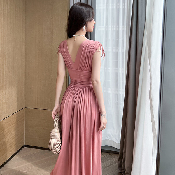 Elegant v-neck sleeveless shirred high waist dresses