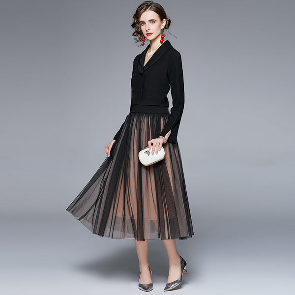 Elegant solid long sleeve blazers and mesh a-line skirts suits