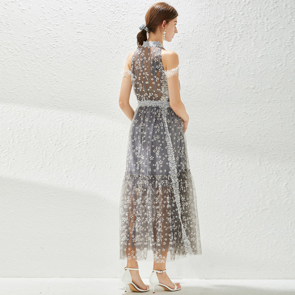Mock neck embroidered transparent lace long dresses