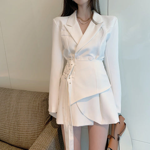 Stylish solid long sleeve belted blazer dresses