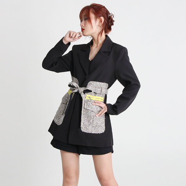 Chic woolen patch notched long sleeve blazers