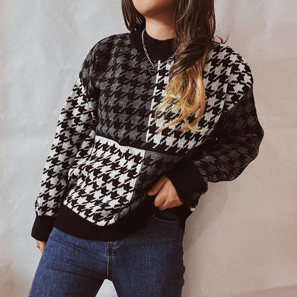 Houndstooth color block crew neck pullover sweaters