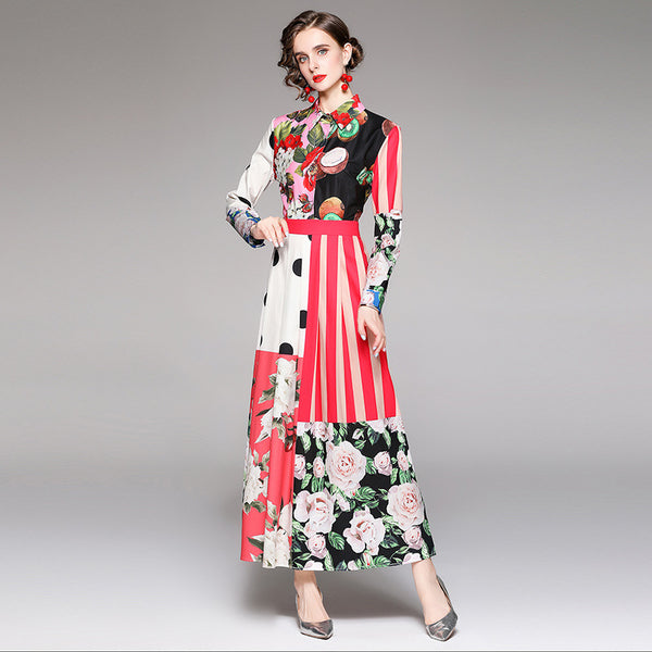 Elegant turn-down collar floral long dresses