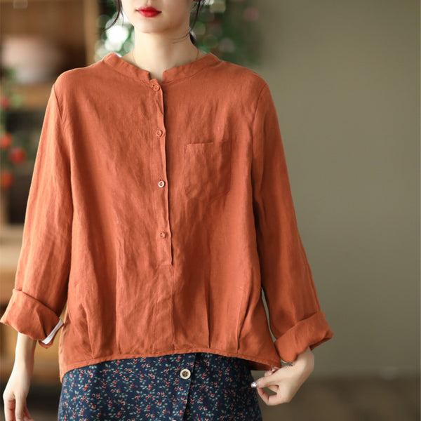 Retro linen mock neck long sleeve blouses