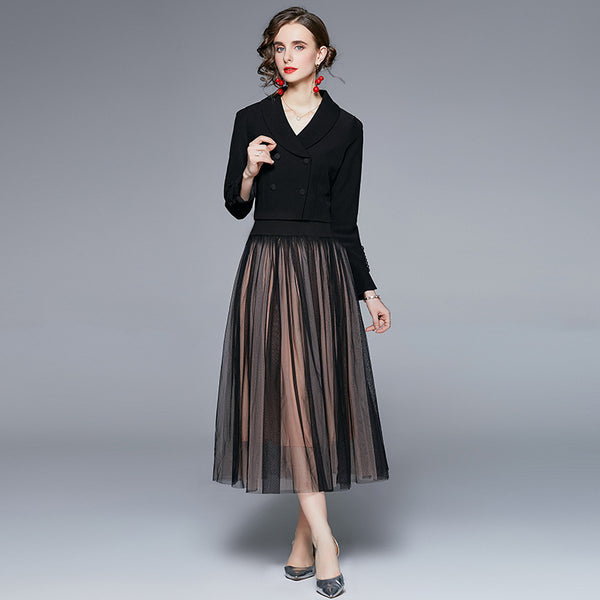 Elegant solid long sleeve blazers and mesh a-line skirts suits