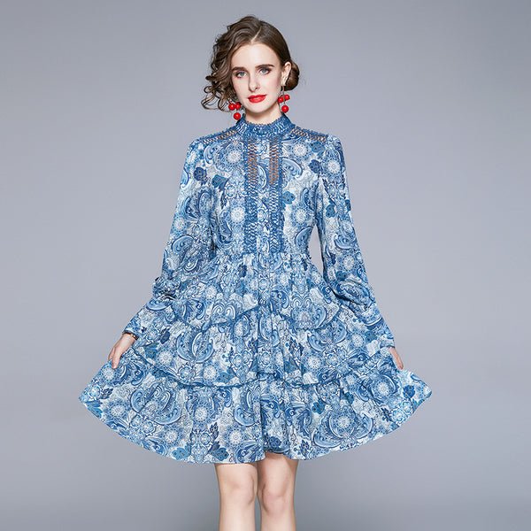 Floral chiffon puff sleeve layered a-line dresses