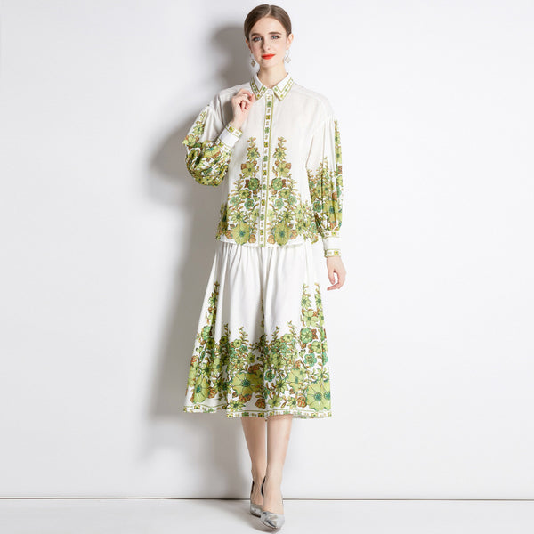 Elegant print lapel long sleeve blouses and high waist a-line skirts suits
