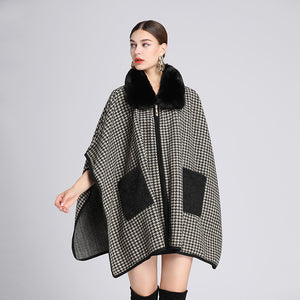 Houndstooth fur collar patch shawl cloak coats