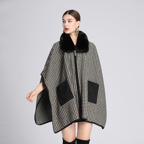 Houndstooth fur collar patch shawl cloak coats