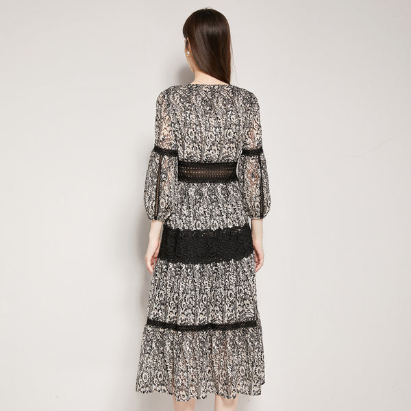 Elegant v-neck print chiffon lace dresses