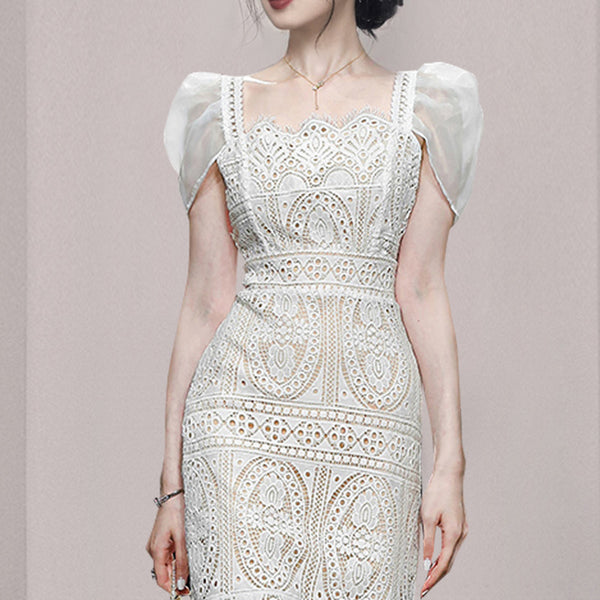 Elegant square neck puff sleeve lace bodycon dresses