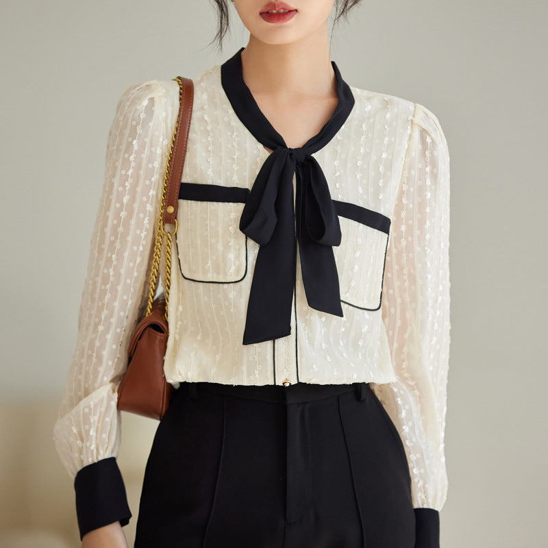 Elegant patch bowknot long sleeve lace blouses
