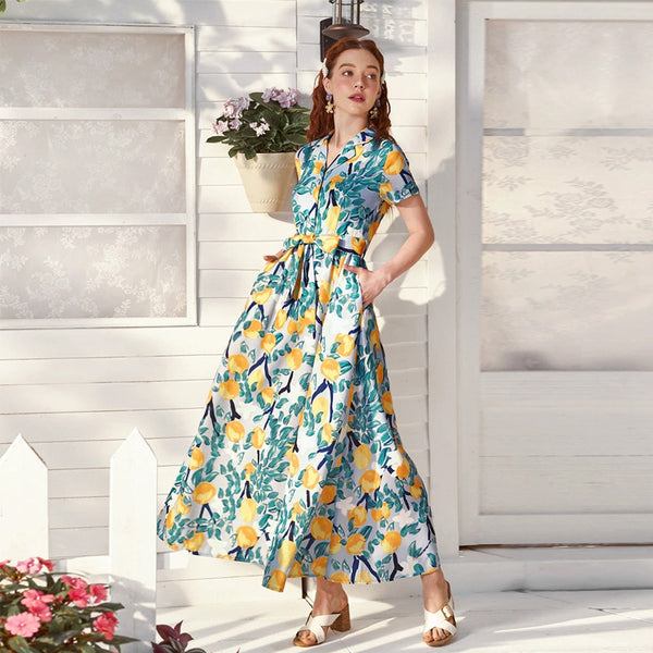 V-neck short sleeve floral print maxi dresses
