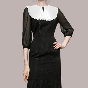 Black mesh pleated half sleeve pencil dresses