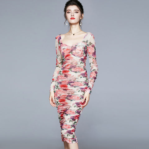 Pink mesh floral ruched bodycon dresses