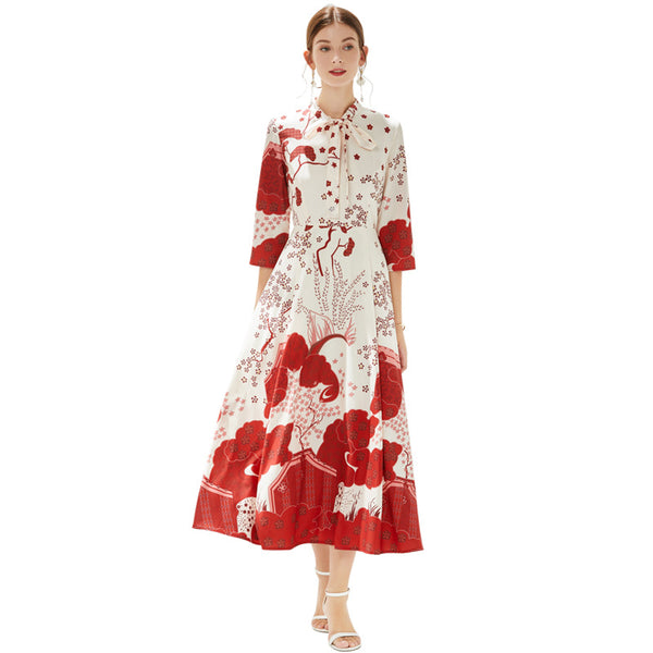 3/4 Sleeve ribbon red print boho long dresses