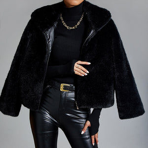 Elegant turn  down collar long sleeve faux fur coats