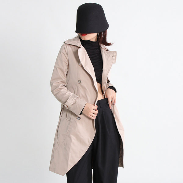 Stylish solid lapel double breasted irregular trench coats