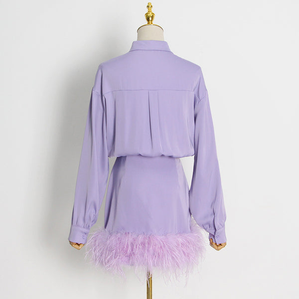 Elegant satin lapel long sleeve blouses and feather patch mini skirts suits