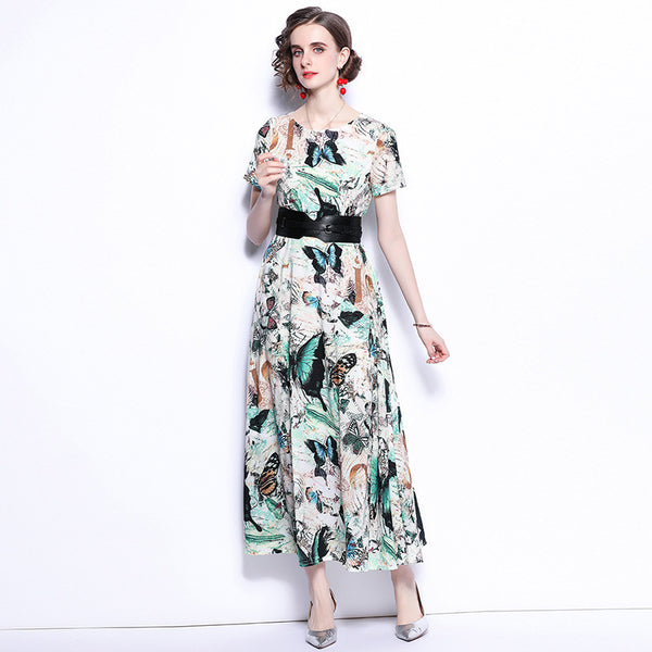 Elegant butterfly print belted maxi dresses