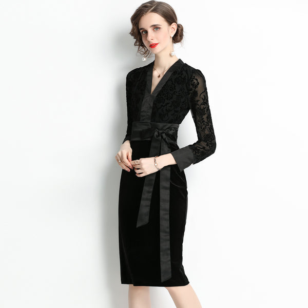 V-neck lace patchwork black bodycon dresses