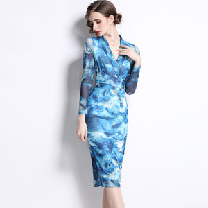 Lapel belted lapel long sleeve printed dresses