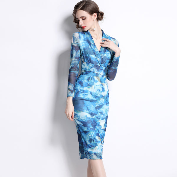 Lapel belted lapel long sleeve printed dresses