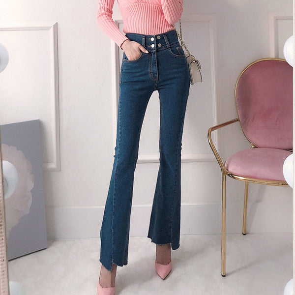 High waisted button-down rough selvedge flare jeans