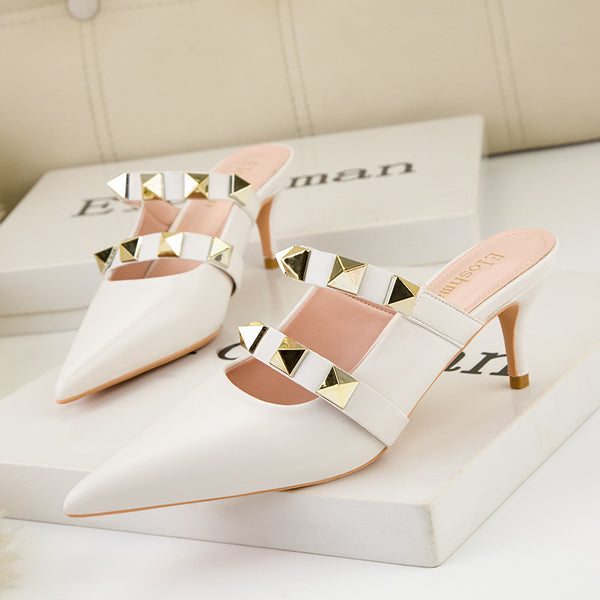 Rivet hollow pointed toe mule  heeled shoes