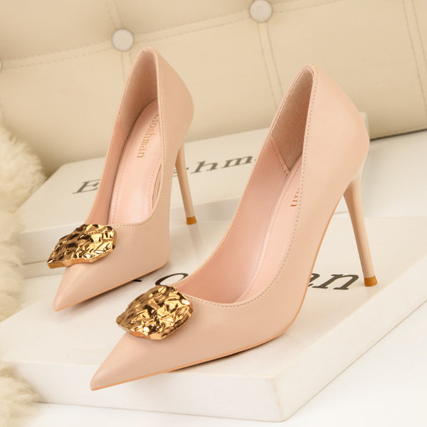 Fashion metal pointed toe thin heels pump shoes