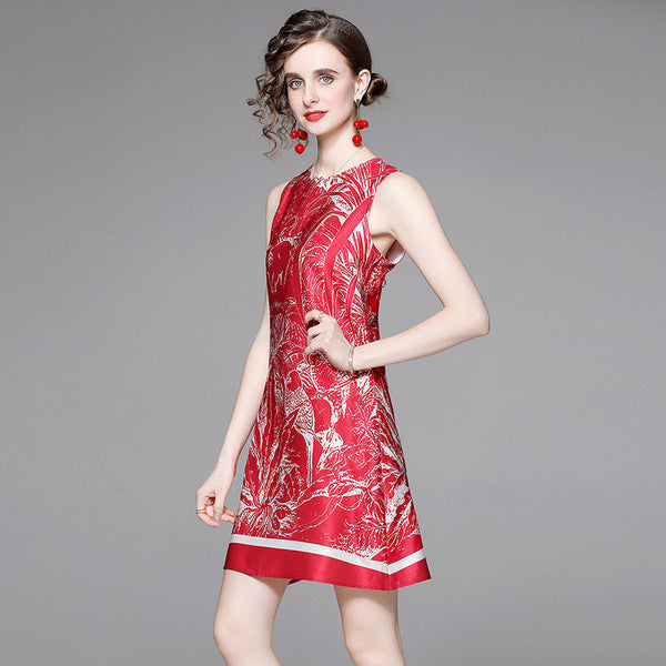 Sexy printed sleeveless o-neck dresses and belted split skirts suits