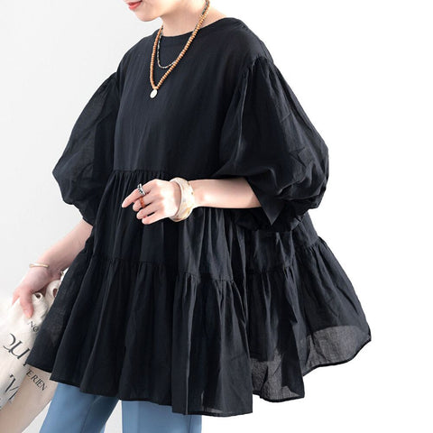 Brief puff sleeve solid pullover tops
