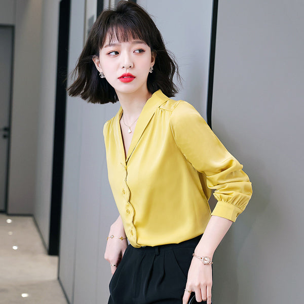 Women long sleeve office satin blouse