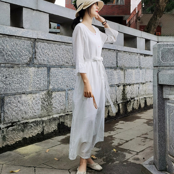 Casual crew neck long sleeve belted linen dresses