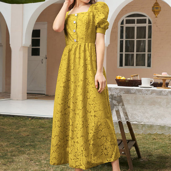 Elegant square neck embroidered yellow dresses