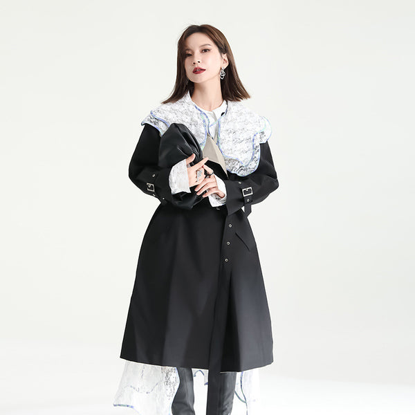 Stylish color hit lapel long sleeve belted trench coats