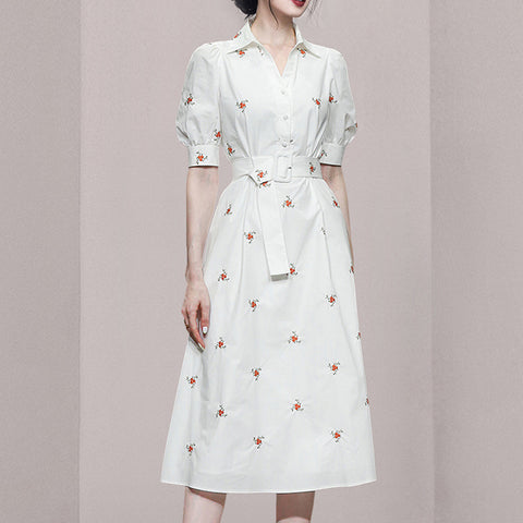 Embroidery lapel short sleeve belted midi shirt dresses