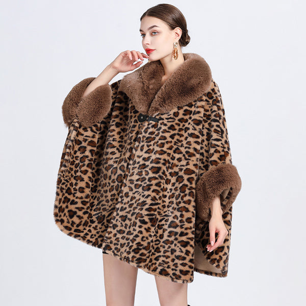 Stylish leopard fur patch ponchos coats